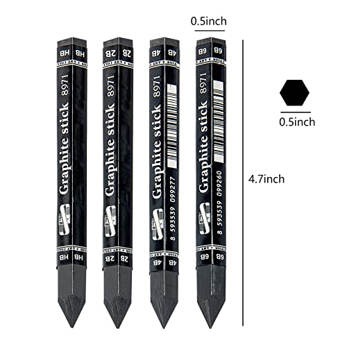 4Pcs Graphite Stick Set HB 2B 4B 6B Woodless Hexagonal Pencil Graphite Crayon for Adults Artist Sketching Drawing Shading Art Supplies