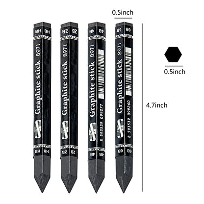 4Pcs Graphite Stick Set HB 2B 4B 6B Woodless Hexagonal Pencil Graphite Crayon for Adults Artist Sketching Drawing Shading Art Supplies