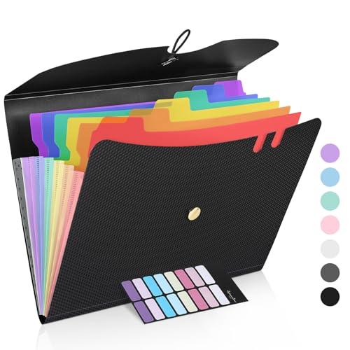 Sooez 7 Pocket Accordion File Organizer, Premium Expanding File Folder with Bungee Closure, Letter Size Folders for Documents, Portable Filing Folders for School Office Supplies, Black - color: Black-rainbow Sleeves