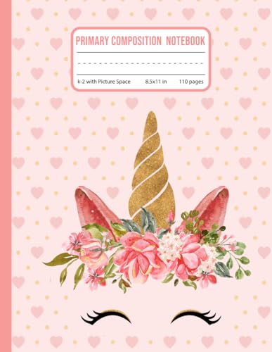 Primary Composition Notebook k-2 with Picture Space: Cute Pink Unicorn Primary Story Journal Grades k-2 Dotted Midline with drawing space on top the ... Handwriting Practice Paper for girls 8.5x11