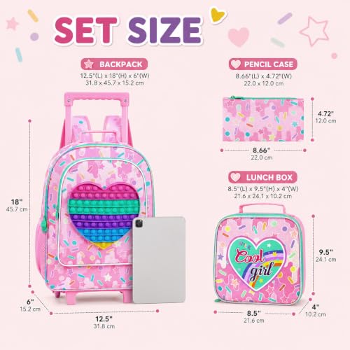 WZLVO 4PCS Love Rolling Backpack for Girls - Cute Wheeled School Set with Lunch Box,Water Resistant Roller School Backpack on Wheels for Elementary Kids Travel - color: Girls Rolling Backpack - Popular Heart