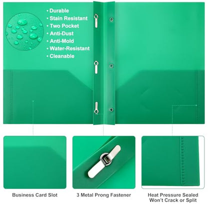 Cholemy 72 Packs Pocket Folders with Prongs Heavy Duty Plastic Folder with Business Card Slot 3 Prong Fasteners for School Office (Black,Blue,Green) - color: Black, Blue, Green