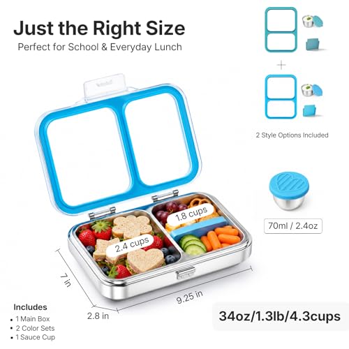 Leak-Resistant 18/8 Stainless Steel Bento Lunch Box Kids 7+ and Adults | 2 Swappable Style Accessories, BPA-Free Tritan Lid, Dishwasher Safe, School, Office & Travel - color: Blue