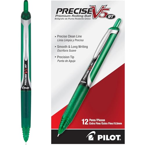 Pilot Precise V5 RT Refillable & Retractable Rollerball Pens, Extra Fine Point Pens 0.5 mm, Green, Pack of 12 - Ideal for School, Journaling & Office Writing - color: Green, size: 12 Count (Pack of 1)