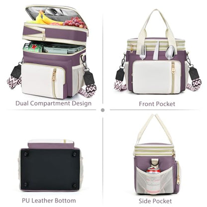 LOKASS Lunch Box & Lunch Bag for Women Men Double Deck, Large Insulated Adult Lunch Box Leakproof Lunchbox Cooler Bag for Work Picnic Beach,（Dark Pink 16L） - color: Dark Pink