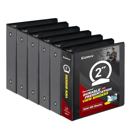 COMIX Sturdy 3 Ring Binder 2 inch with Clear View Cover, 2" Round Ring View Binder, PVC-Free, 450 Sheets Capacity of US Letter Size Paper, Office ＆ School Supplies, Pack of 6 (Black) - color: Black, size: 2 Inch, style: 6 Pack