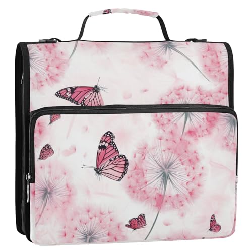 Pink Dandelion and Butterfly Zipper Binder 3 Ring 1.5 Inch School Binder Organizer with Shoulder Strap Handle File Folder Pockets Large Capacity Students Girl Boy Men Office Work - color: Pink Dandelion and Butterfly