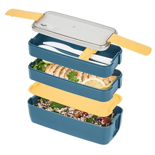 Restaurantware Bento Box 1 Count 30 Ounce Plastic Lunch Box Stackable With Cutlery, Leakproof Microwave-Safe Meal Prep Container Stackable Blue - size: 1 Count, style: 30 oz - Blue