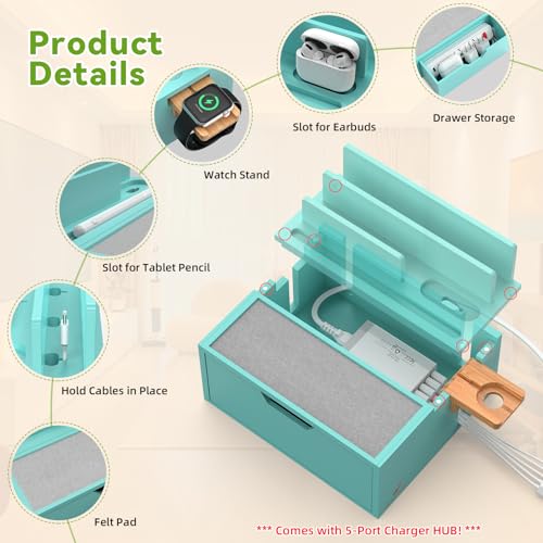 Pezin & Hulin Bamboo Charging Station with Power Charger & Cables-Teal | Nightstand Docking Station with Lined Tray & Drawer for Multi Device, Compatible with Tablet, Cell Phones, Watch & Earbuds - color: #3 Bamboo- Teal(With Charger)