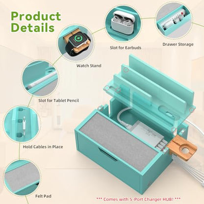 Pezin & Hulin Bamboo Charging Station with Power Charger & Cables-Teal | Nightstand Docking Station with Lined Tray & Drawer for Multi Device, Compatible with Tablet, Cell Phones, Watch & Earbuds - color: #3 Bamboo- Teal(With Charger)