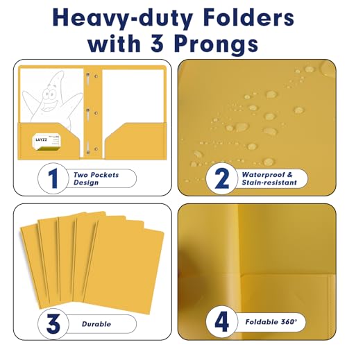 Plastic 2 Pocket Folders with Prongs, 30 Pack, Heavyweight, Letter Size Poly Folders with 3 Metal Prongs Fastener Clips (Yellow) - color: Yellow