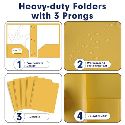 Plastic 2 Pocket Folders with Prongs, 30 Pack, Heavyweight, Letter Size Poly Folders with 3 Metal Prongs Fastener Clips (Yellow) - color: Yellow