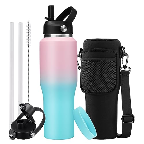 Stainless Steel Water-Bottles Fits in Cup Holder - 40 oz Water Bottle with Straw & Sleeve, Keeps Cold 48h/Hot 24h, Tumbler with Handle for Women & Men - color: Pink&Green, size: 32 Ounces