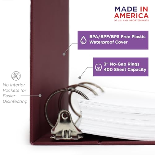 Carstens 3-Inch Heavy Duty 3-Ring Binder - Side Opening, Wine, Durable Plastic, Precision No-Gap Rings, Waterproof Cover, No Pockets, Holds 400 US Letter Sheets, BPA-Free, Made in USA (1743-3R) - color: Burgundy, size: Individual