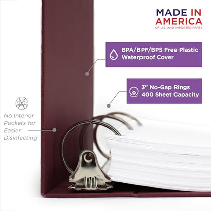 Carstens 3-Inch Heavy Duty 3-Ring Binder - Side Opening, Wine, Durable Plastic, Precision No-Gap Rings, Waterproof Cover, No Pockets, Holds 400 US Letter Sheets, BPA-Free, Made in USA (1743-3R) - color: Burgundy, size: Individual