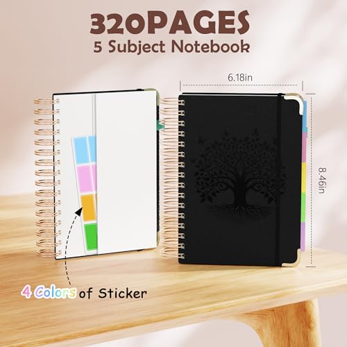 QIYVLOS Hardcover Spiral Notebook, A5 Journal with Removable Dividers Tabs, 5 Subject Notebook College Ruled, 320 Pages 6"x8" Leather Notebooks for Work School Study, Lined Journal for Women, Black - color: A5/Black