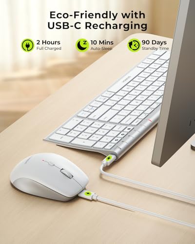seenda COE401 Bluetooth Keyboard Mouse Combo, Rechargeable, White Silver | Silent rechargeable keyboard and mouse with 3-device connection for Windows, Mac, iPad, and laptops. - color: White Silver