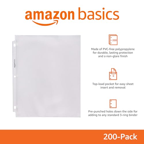 Amazon Basics Polypropylene Sheet Protectors for 3 Ring Binder, Non-Glare, Top Loading, Document Protection, Clear, 200-Pack