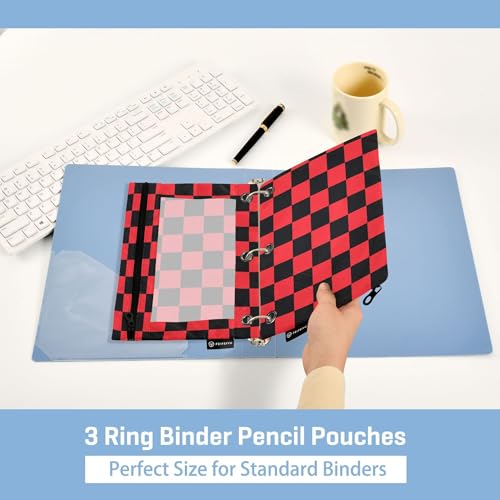 Crimson Chessboard Binder Pouches 3 Ring for Boys Girls School Office College Supplies DarkRed Buffalo Plaid Black Pencil Pouches Case Bag with Clear Window and Zipper 2 Pack - color: Crimson