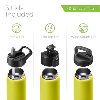 SipX™ 25 oz Insulated Water Bottle with 3 Lids – Leakproof Stainless Steel, Triple Insulated – Cold 24 Hours/Hot 12 Hours – Durable Bottle for School, Gym, Travel – Yellow - color: Yellow, size: 25 Ounces