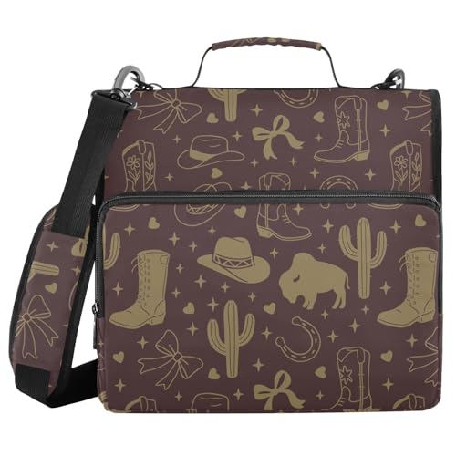 Zipper Binder Bag 3 Ring File Folder Portfolio Organizer Zippered Binder Bags with Strap Fits Laptop Women Men - color: 31-western Cowgirl Dark Brown