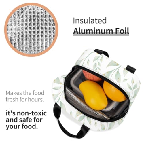 Nerxy Watercolor Leaf Insulated Lunch Bag Spring Sage Green Lunch Box Reusable Cooler Tote Bag Woman 8x5x8.5inch Waterproof Meal Container with Pocket for Work School Travel Office Picnic - color: Leaf