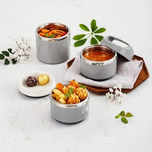 Lille Home Stackable Stainless Steel Thermal Compartment Lunch/Snack Box, 3-Tier Insulated Bento/Food Container with Lunch Bag, Utensils Set and Three Extra Seals, 43OZ (Gray with Utensils) - color: Gray with Utensils