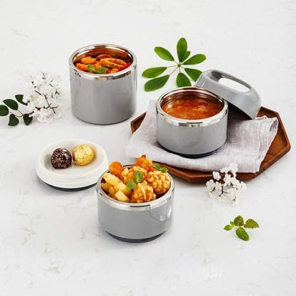 Lille Home Stackable Stainless Steel Thermal Compartment Lunch/Snack Box, 3-Tier Insulated Bento/Food Container with Lunch Bag, Utensils Set and Three Extra Seals, 43OZ (Gray with Utensils) - color: Gray with Utensils