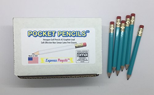 Express Pencils Half Pencils with Eraser - Golf, Pew, Short Mini Non Toxic - Hexagon, Sharpened, #2 Pencil, (Color - Light Turquoise), (Box of 72) half gross Golf Pocket Pencils
