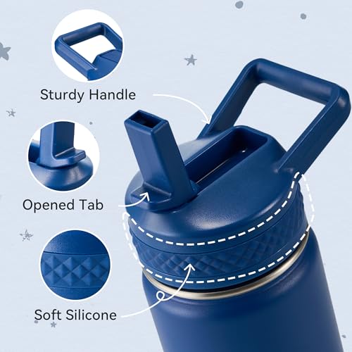 Fijinhom 12 oz Kids Water Bottle, Toddler Water Bottle with Straw, Boys&Girls Bottle for School, 304 Stainless Steel Vacuum Insulated Bottle for Kids, BPA-Free, Leak-Proof, Navy blue - color: Blue