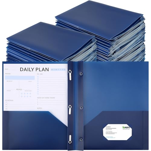 Cholemy 72 Packs Pocket Folders with Prongs Heavy Duty Plastic Folder with Business Card Slot 3 Prong Fasteners for School Office (Navy Blue) - color: Navy Blue