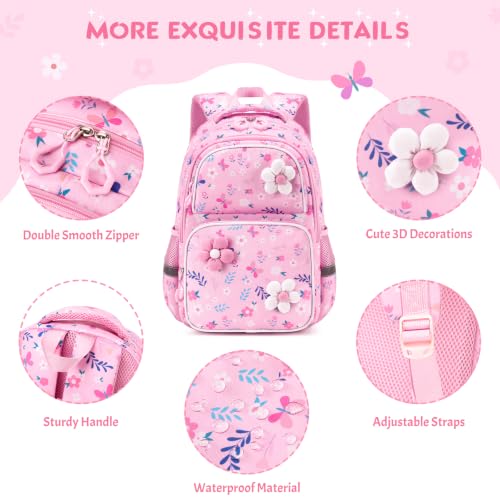 Kids Backpack for Girls 4-8, Cute 3D Soft Flower Toddler Backpack with 34oz Lunch Box, Insulated Bag, Pen Case & Utensils, School Bookbag for Preschool Kindergarten Elementary Student - color: Flowers