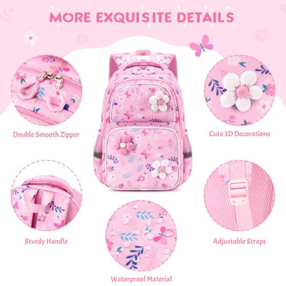 Kids Backpack for Girls 4-8, Cute 3D Soft Flower Toddler Backpack with 34oz Lunch Box, Insulated Bag, Pen Case & Utensils, School Bookbag for Preschool Kindergarten Elementary Student - color: Flowers