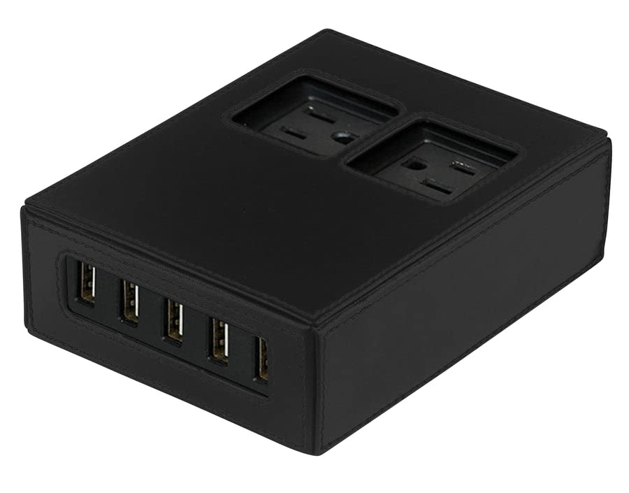 Power Hub Charging Station - Charge Up to 7 Devices Using Only One Wall Outlet | 5-USB Ports and 2-AC Ports | Attractive Dependable Table Charger |Black Leatherette