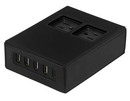 Power Hub Charging Station - Charge Up to 7 Devices Using Only One Wall Outlet | 5-USB Ports and 2-AC Ports | Attractive Dependable Table Charger |Black Leatherette