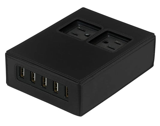 Power Hub Charging Station - Charge Up to 7 Devices Using Only One Wall Outlet | 5-USB Ports and 2-AC Ports | Attractive Dependable Table Charger |Black Leatherette
