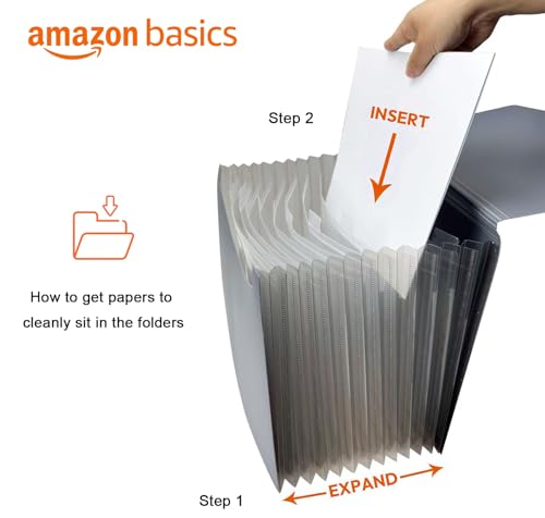Amazon Basics Expanding Accordion File Organizer, Letter Size, 13 Compartments, Large Capacity Document Storage, Waterproof, Black, 1-Pack