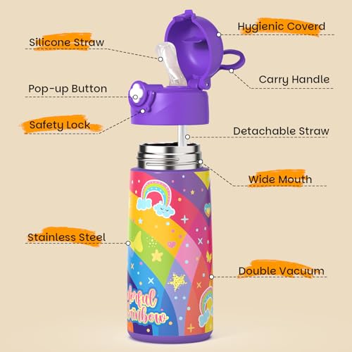 Boys Insulated Water Bottle with Covered Pop-Up Straw,16 oz Kids Cups with Stainless Steel Leak Proof for School（Red-Dinosaur） - color: A24.Dinosaur-Red, style: 1Pack