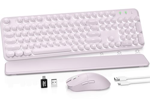 Wireless Keyboard and Mouse Combo, Backlit Round Keycaps, Retro Typewriter Keyboard with Magnetic Wrist Rest, USB-C Rechargeable & Tilt Legs, 2.4GHz Cordless for Mac Windows PC (Glowing Pastel Purple) - color: Glowing Pastel Purple