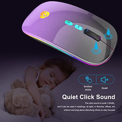 LED Wireless Mouse, Bluetooth Mouse &2.4GHz Instant Connection,Rechargeable Ultra Silent Slim,3 DPI 2 Connection Modes with USB-C to USB Adapter for Laptop/MacBook/PC/Tablet/iPad (Black-purple) | Bluetooth mouse with 2.4GHz USB receiver, silent slim desig