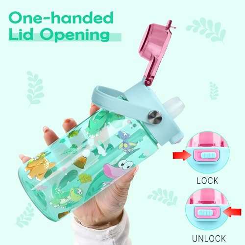 20oz Kids Water Bottle For School or Travel, Leak-Proof & Dishwasher, Durable Plastic Sport Water Bottle With Straw and Handle, Cute Donosaur - color: Green dinosaur