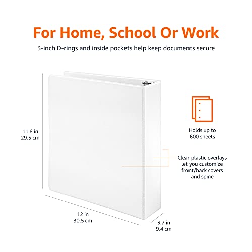 Amazon Basics 3 Ring Binders, 3 Inch D-Ring Organizer for School, Home Office, Paper Storage, White, 2 Pack - size: 2-Pack, style: 3-inch