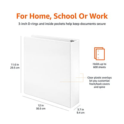 Amazon Basics 3 Ring Binders, 3 Inch D-Ring Organizer for School, Home Office, Paper Storage, White, 2 Pack - size: 2-Pack, style: 3-inch