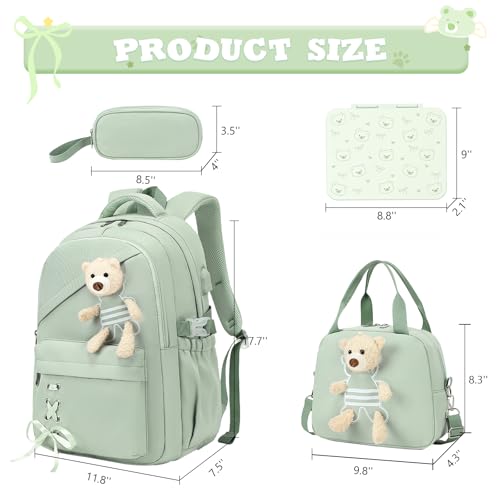 ACESAK Backpack for Girls with Bento Box - 4 PCS Cute Girls Backpack with Lunch Box, Pencil Case & Bento Box Set - 43oz Leakproof Lunch Box Kids Snack Containers Set Back to School Supplies (Green) - color: Green