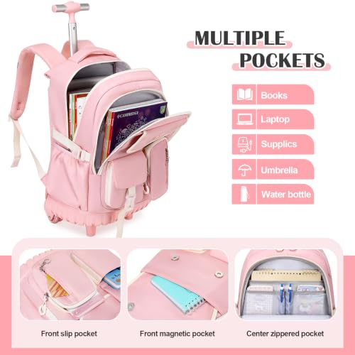 DIGOBAY Rolling Backpack for Girls, Girls Roller Backpack with Lunch Bag and Pencil Case, School Bookbag with Wheels for Elementary Middle High School Travel, Pink - color: Pink