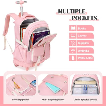 DIGOBAY Rolling Backpack for Girls, Girls Roller Backpack with Lunch Bag and Pencil Case, School Bookbag with Wheels for Elementary Middle High School Travel, Pink - color: Pink