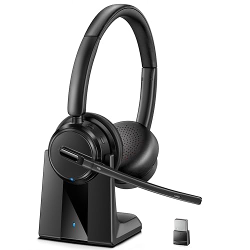 Mopchnic Wireless Headset with Noise Cancelling Microphone, On-Ear Bluetooth Headset with USB Dongle, Mute Function & Charging Base, Wireless Headphones for Work from Home and Call Center (Deep Blue) - color: Deep Blue