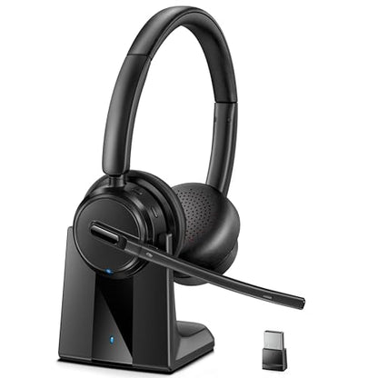 Mopchnic Wireless Headset with Noise Cancelling Microphone, On-Ear Bluetooth Headset with USB Dongle, Mute Function & Charging Base, Wireless Headphones for Work from Home and Call Center (Deep Blue) - color: Deep Blue