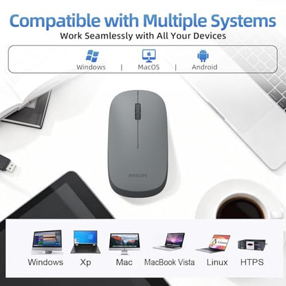 Philips Wireless Bluetooth Mouse for Laptop, Bluetooth Mouse for MacBook Pro/Air and iPad, Travel Silent USB Wireless Mice, BT 3.0/5.0 and 2.4GHz USB Dongle, 1600 DPI, 12-Month Battery Life