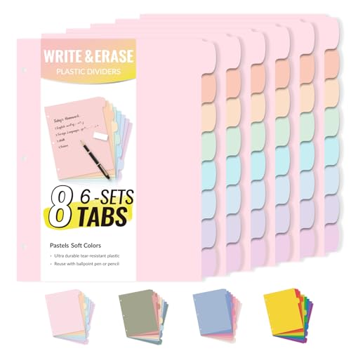 Sooez 8 Tabs Long-Lasting Plastic Write & Erase Large Tabs Dividers for 3 Ring Binder, Aesthetic Cute Pastels Binder Dividers for Student, Teacher, Office, Home Organizers, 6 Sets, Pastels Color - color: Pastels Color, size: 6 Sets